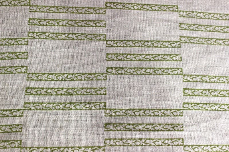 Hand Woven Block Print Green Floral Thick Linen Fabric - Ramsetu