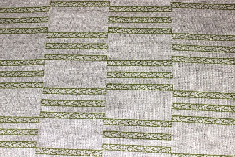Hand Woven Block Print Green Floral Thick Linen Fabric - Ramsetu