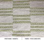Hand Woven Block Print Green Floral Thick Linen Fabric - Ramsetu