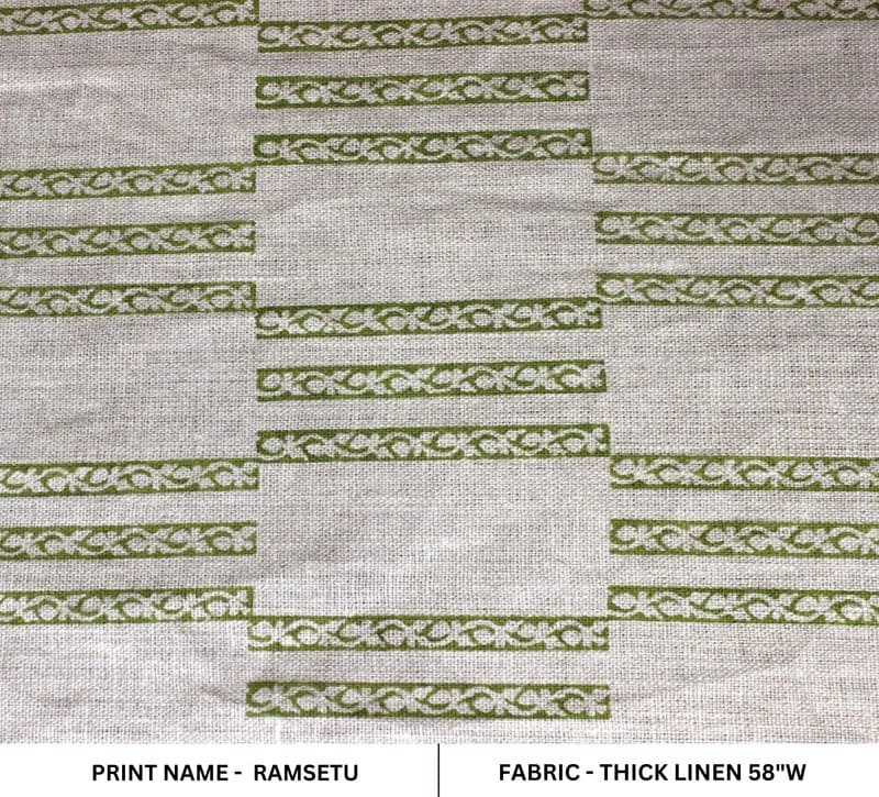 Hand Woven Block Print Green Floral Thick Linen Fabric - Ramsetu