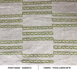 Hand Woven Block Print Green Floral Thick Linen Fabric - Ramsetu