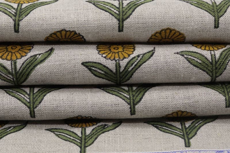 Handcrafted Block Print Mustard & Green Pure Linen - Pukhraj