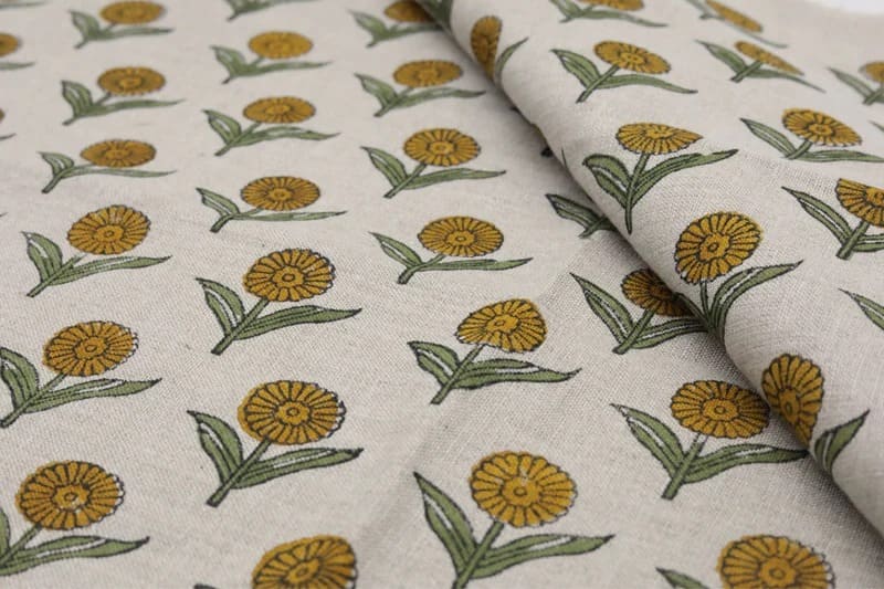 Handcrafted Block Print Mustard & Green Pure Linen - Pukhraj