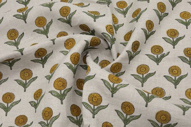 Handcrafted Block Print Mustard & Green Pure Linen - Pukhraj