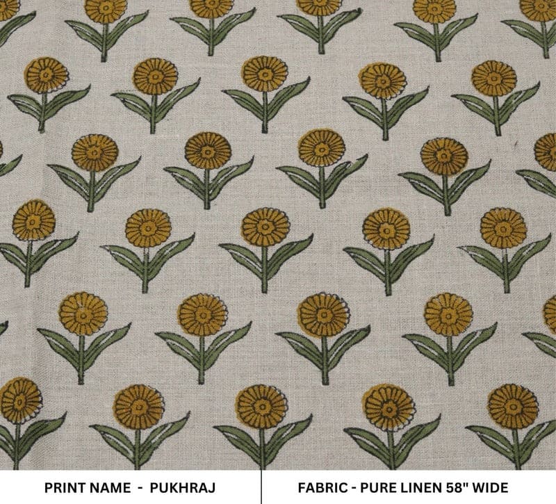 Handcrafted Block Print Mustard & Green Pure Linen - Pukhraj