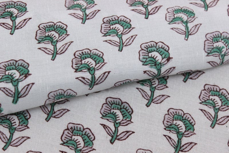 Handcrafted Block Print Green & Pink Linen Fabric - Rohini