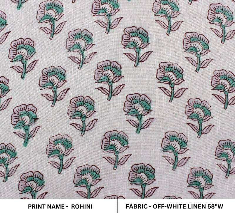 Handcrafted Block Print Green & Pink Linen Fabric - Rohini