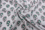 Handcrafted Block Print Green & Pink Linen Fabric - Rohini