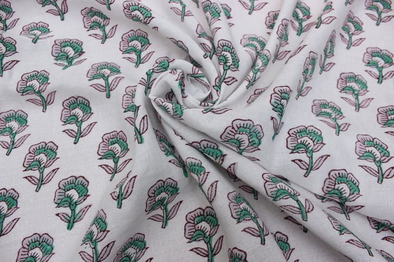 Handcrafted Block Print Green & Pink Linen Fabric - Rohini