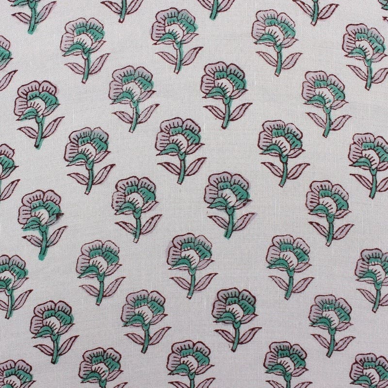Handcrafted Block Print Green & Pink Linen Fabric - Rohini
