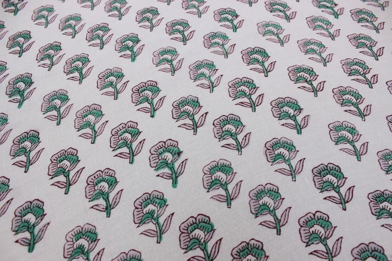 Handcrafted Block Print Green & Pink Linen Fabric - Rohini