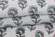 Handcrafted Block Print Green & Pink Linen Fabric - Rohini