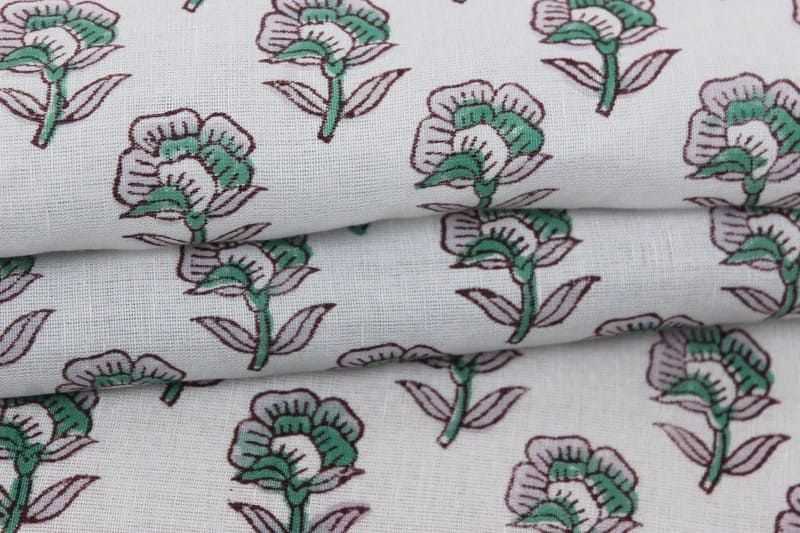 Handcrafted Block Print Green & Pink Linen Fabric - Rohini