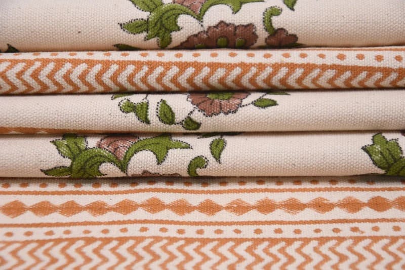 Handwoven Block Print Mustard Floral Duck Canvas Fabric - Anarkaali