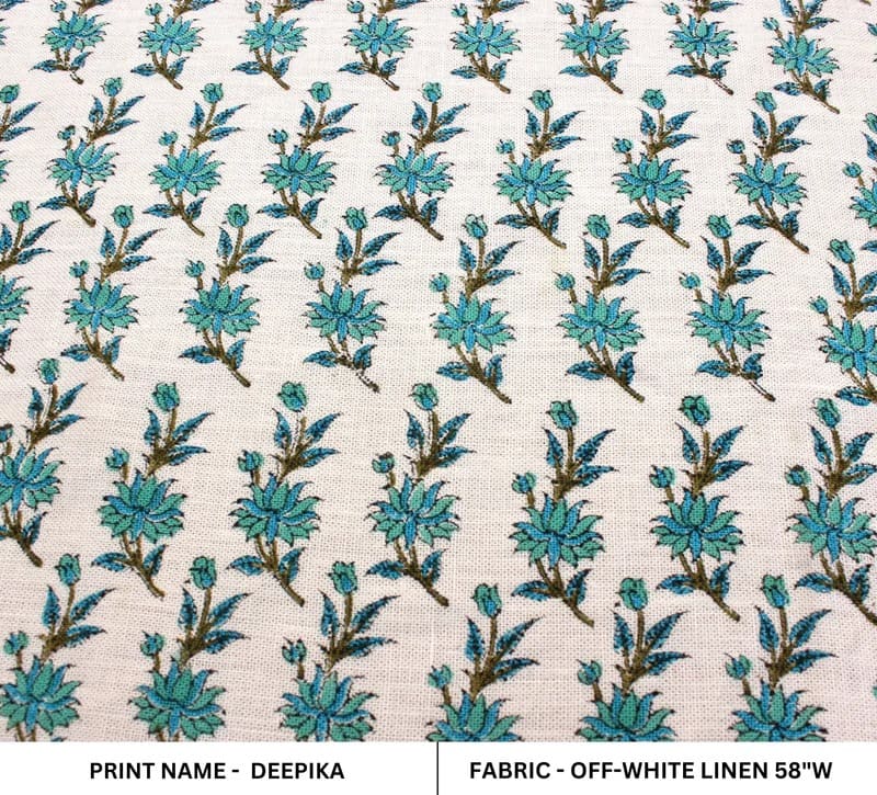 Handcrafted Block Printed Green & Brown Linen Fabric - Deepika