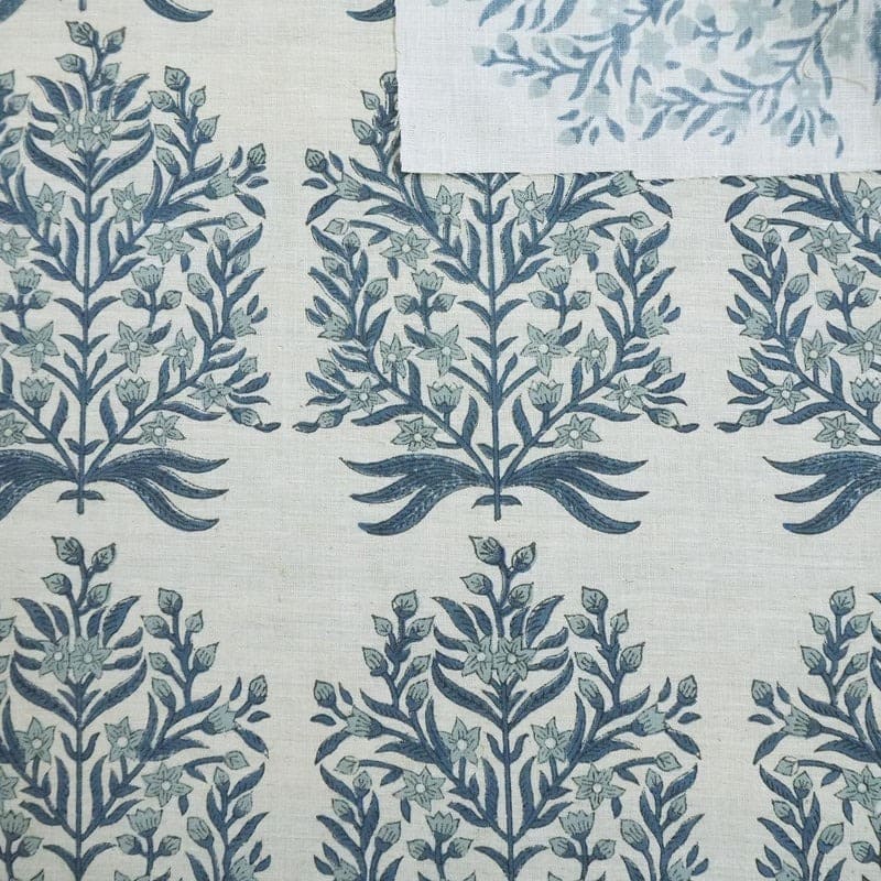Aristan Handmade Block Print Dusty Blue Linen Blend Fabric - Vrindavan