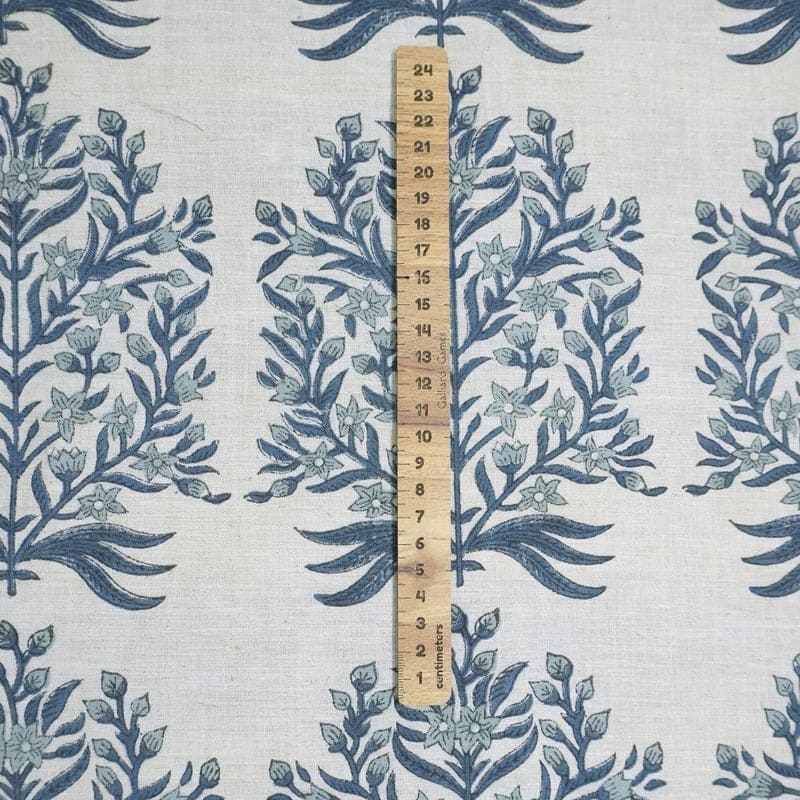 Aristan Handmade Block Print Dusty Blue Linen Blend Fabric - Vrindavan