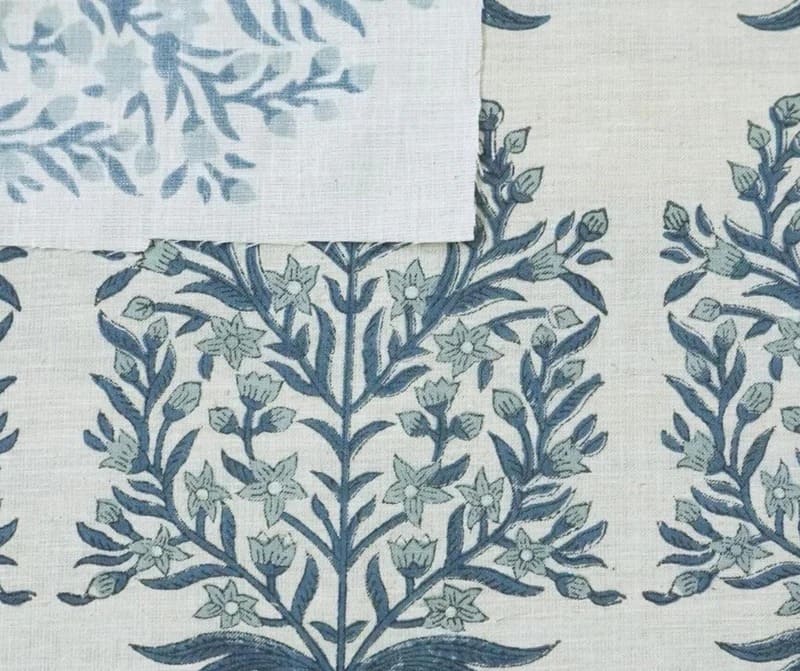 Aristan Handmade Block Print Dusty Blue Linen Blend Fabric - Vrindavan