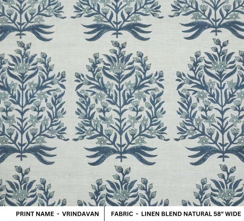 Aristan Handmade Block Print Dusty Blue Linen Blend Fabric - Vrindavan