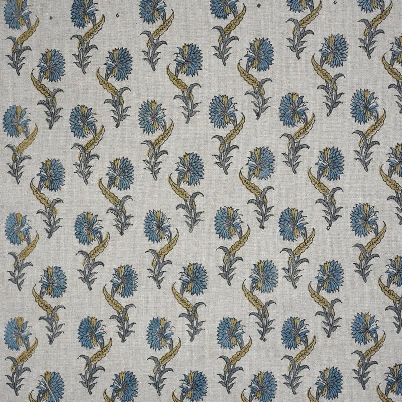 Handcrafted Hand Block Print Light Blue Pure Linen Fabric - Daffodil