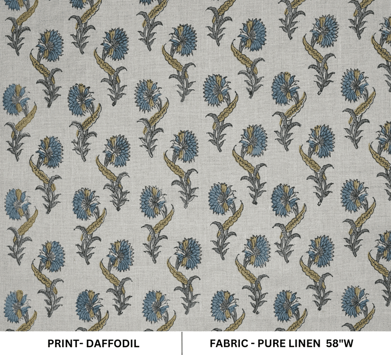 Handcrafted Hand Block Print Light Blue Pure Linen Fabric - Daffodil