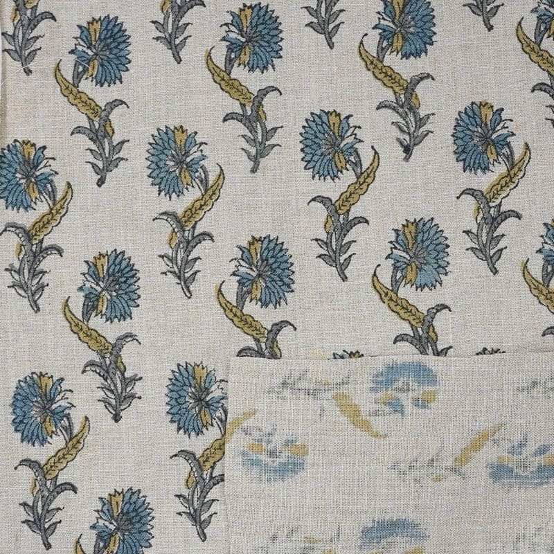 Handcrafted Hand Block Print Light Blue Pure Linen Fabric - Daffodil