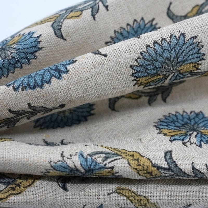 Handcrafted Hand Block Print Light Blue Pure Linen Fabric - Daffodil