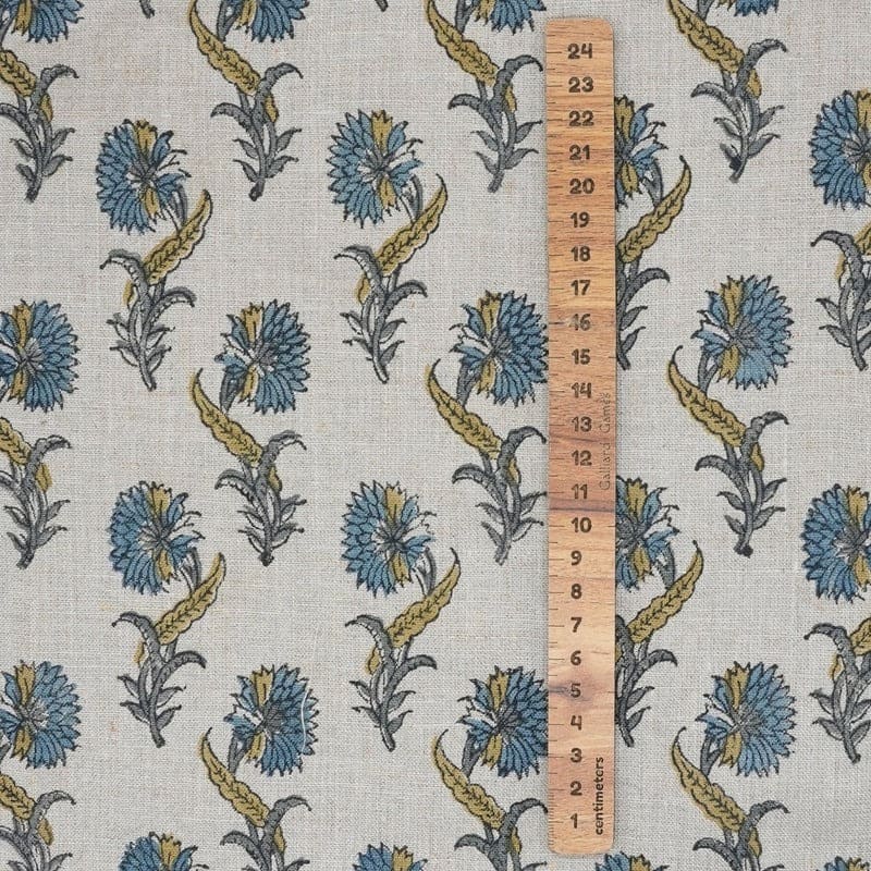 Handcrafted Hand Block Print Light Blue Pure Linen Fabric - Daffodil