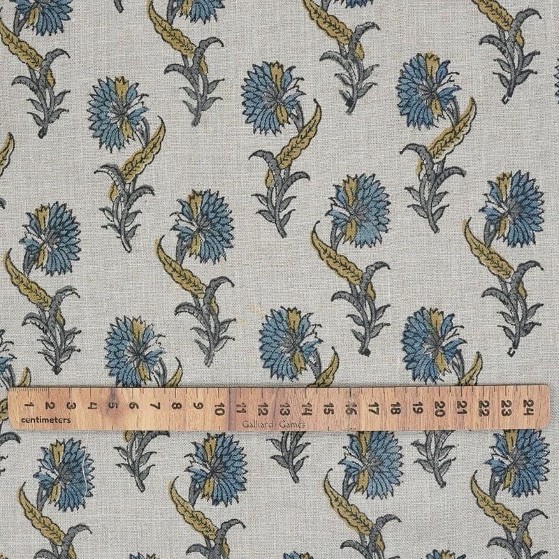Handcrafted Hand Block Print Light Blue Pure Linen Fabric - Daffodil