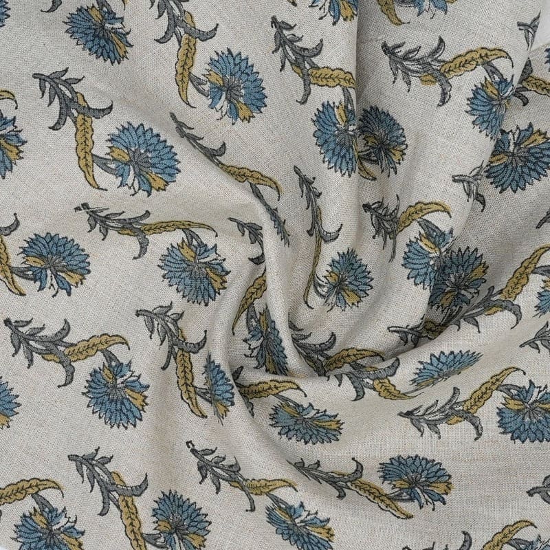 Handcrafted Hand Block Print Light Blue Pure Linen Fabric - Daffodil