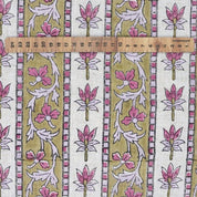 Hand Block Printed Pink & Brown Viscose Linen Fabric - Laxmi Border