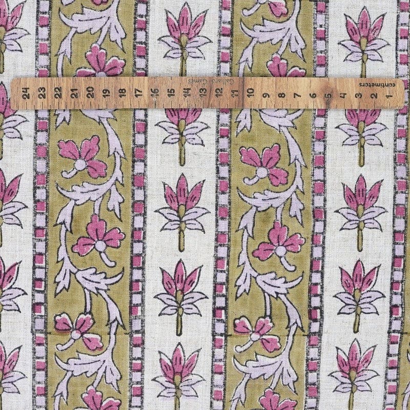 Hand Block Printed Pink & Brown Viscose Linen Fabric - Laxmi Border