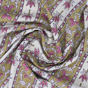 Hand Block Printed Pink & Brown Viscose Linen Fabric - Laxmi Border
