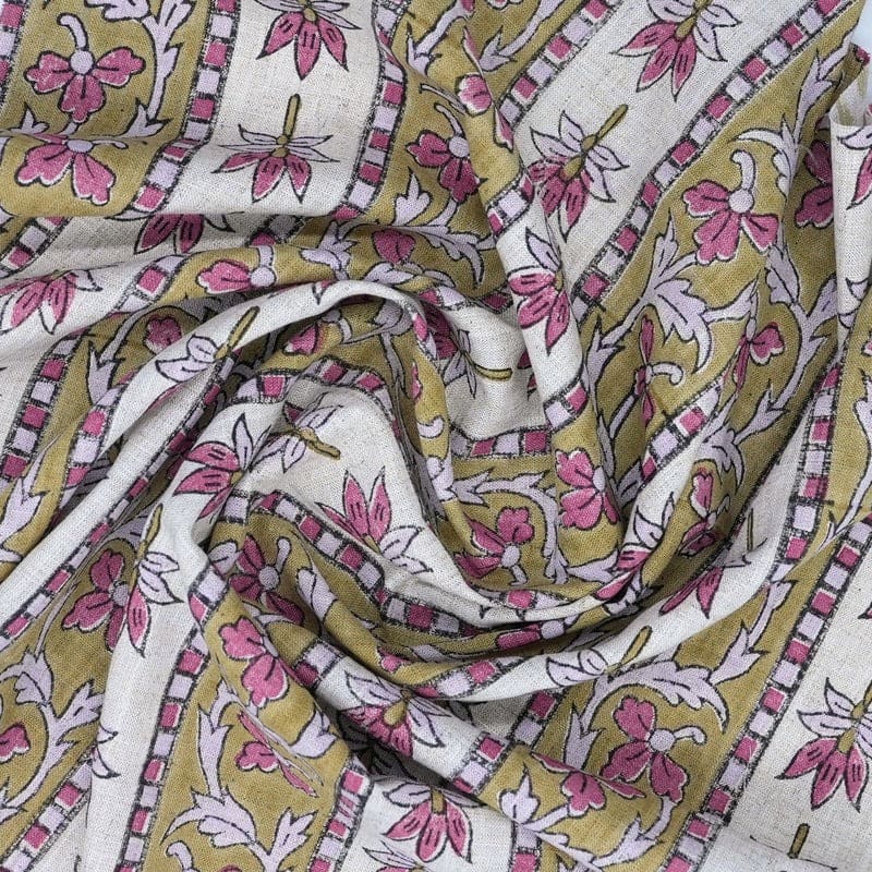 Hand Block Printed Pink & Brown Viscose Linen Fabric - Laxmi Border