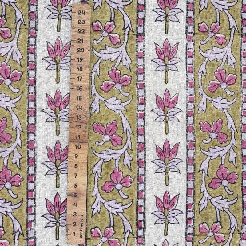 Hand Block Printed Pink & Brown Viscose Linen Fabric - Laxmi Border