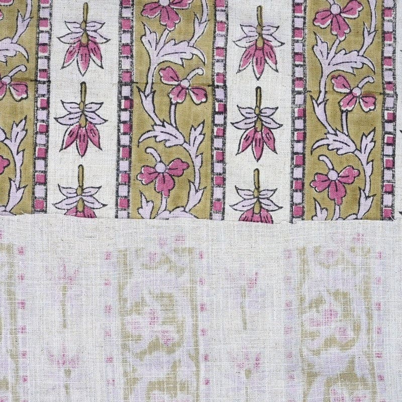 Hand Block Printed Pink & Brown Viscose Linen Fabric - Laxmi Border