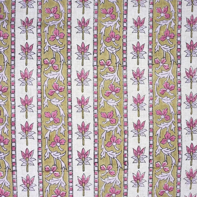 Hand Block Printed Pink & Brown Viscose Linen Fabric - Laxmi Border