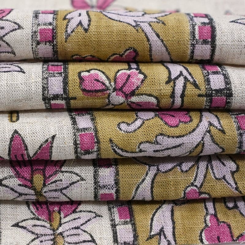 Hand Block Printed Pink & Brown Viscose Linen Fabric - Laxmi Border