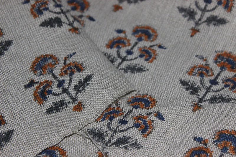Handcrafted Viscose linen Grey & Blue Fabric For curtain - Botanical