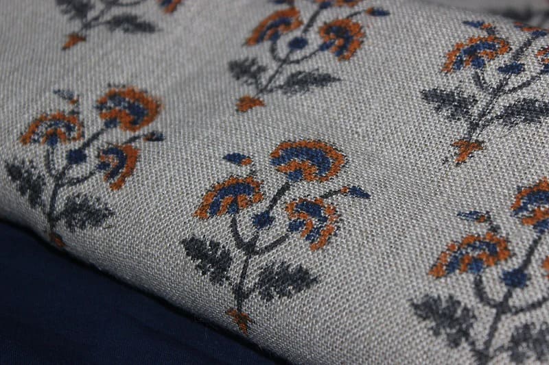 Handcrafted Viscose linen Grey & Blue Fabric For curtain - Botanical