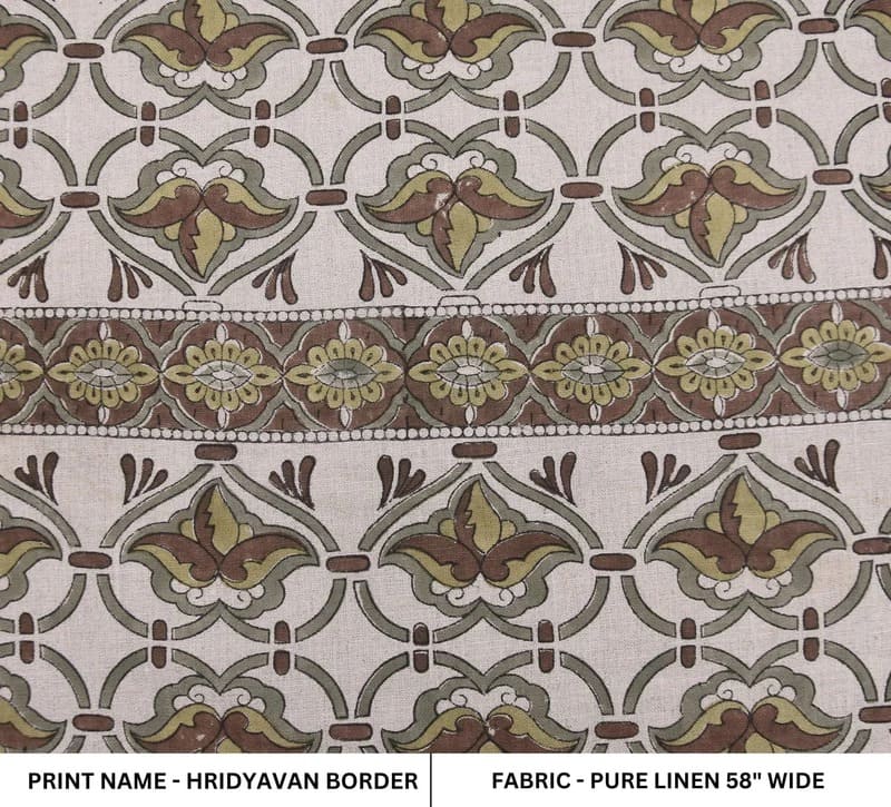 Hand Block Print 58" Wide Brown & Sage Linen Fabric - Hridyavan Border