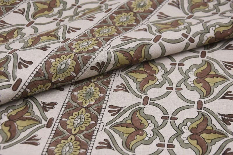 Hand Block Print 58" Wide Brown & Sage Linen Fabric - Hridyavan Border