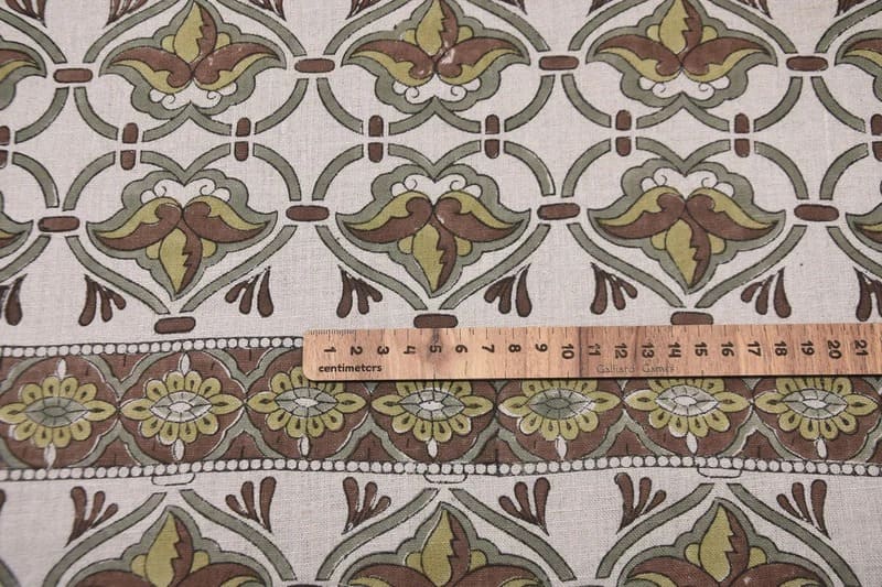 Hand Block Print 58" Wide Brown & Sage Linen Fabric - Hridyavan Border