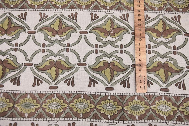 Hand Block Print 58" Wide Brown & Sage Linen Fabric - Hridyavan Border