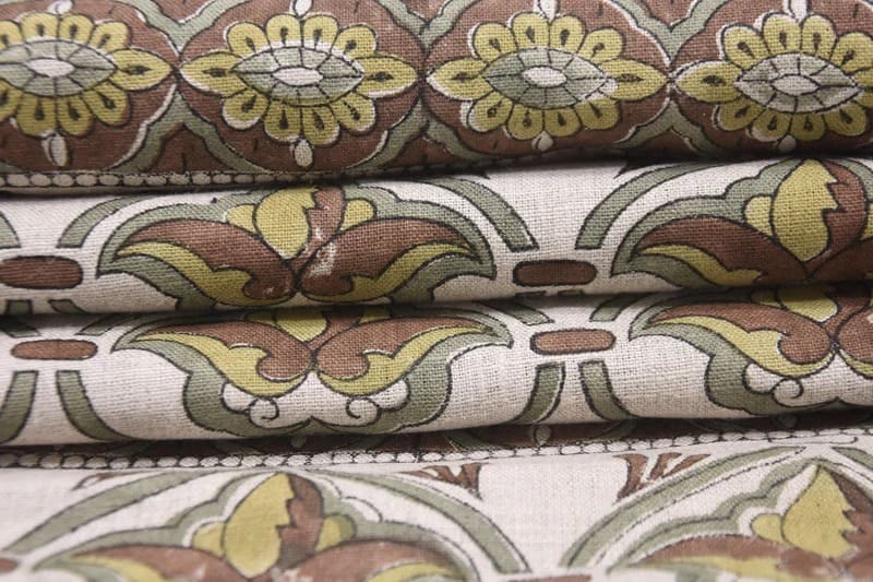 Hand Block Print 58" Wide Brown & Sage Linen Fabric - Hridyavan Border