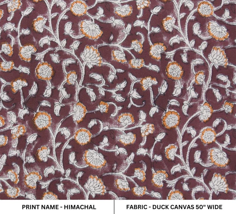 Handmade Artisan Block Print Brown Floral Canvas Fabric- Himachal