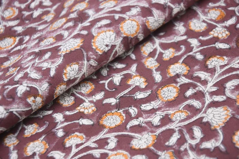 Handmade Artisan Block Print Brown Floral Canvas Fabric- Himachal