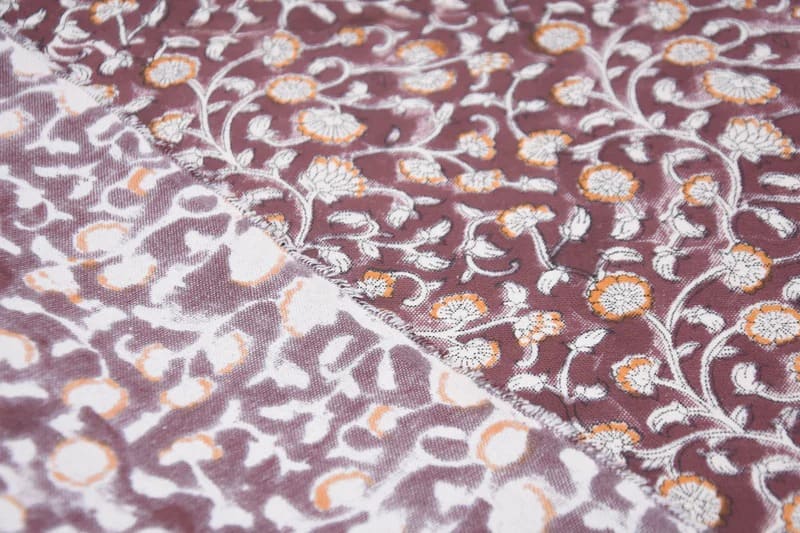 Handmade Artisan Block Print Brown Floral Canvas Fabric- Himachal