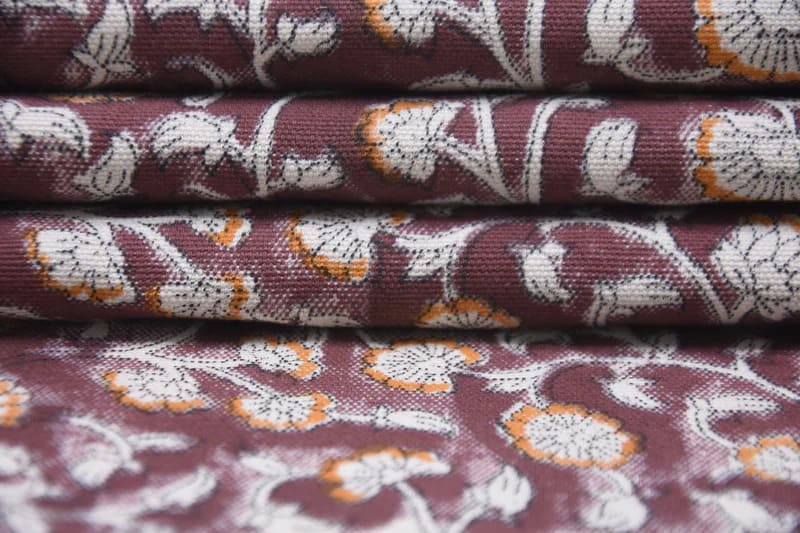 Handmade Artisan Block Print Brown Floral Canvas Fabric- Himachal