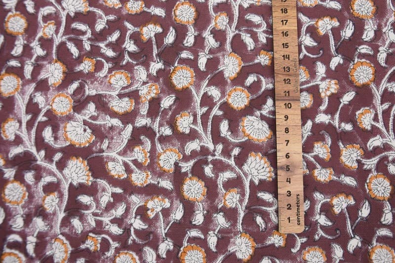 Handmade Artisan Block Print Brown Floral Canvas Fabric- Himachal